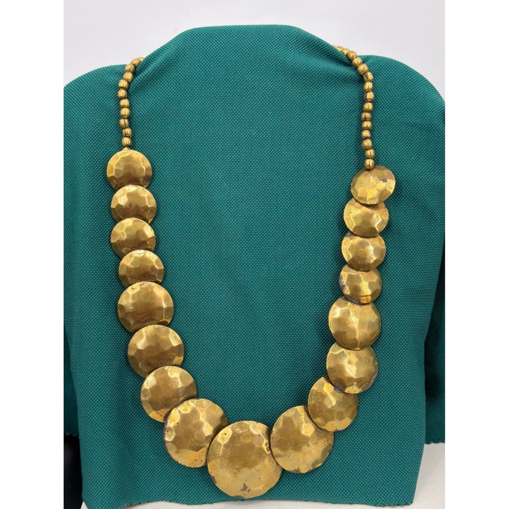 Vintage Hammered Brass Statement Necklace Graduated Disc‎ Bohemian Collar 18 In